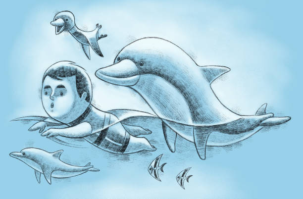 digital painting / raster illustration of little boy swimming with dolphins