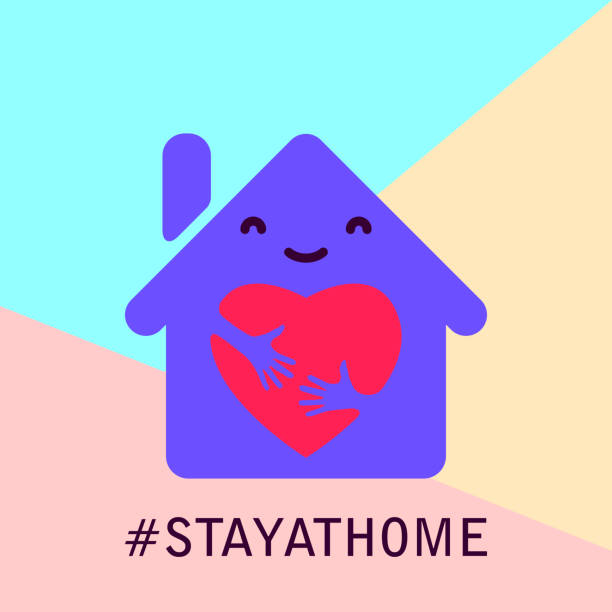 istock Stay at home campaign with house and heart inside on blue and pink colored background. Stayhome sign for pandemic corona virus disease COVID-19 outbreak prevention 1254217398
