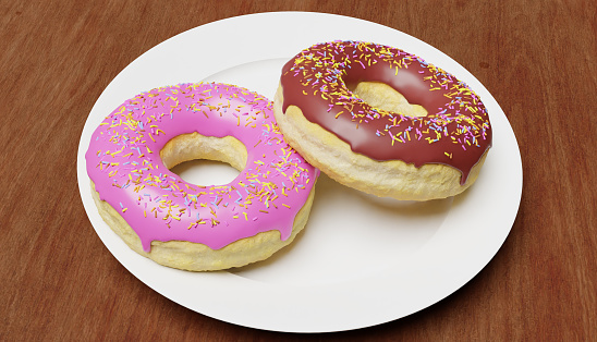 unhealthy but tempting sugary dessert - two yummy and delicious donuts with colored sprinkles one chocolate and one pink icing on white plate - calories and sugar abuse nutrition concept