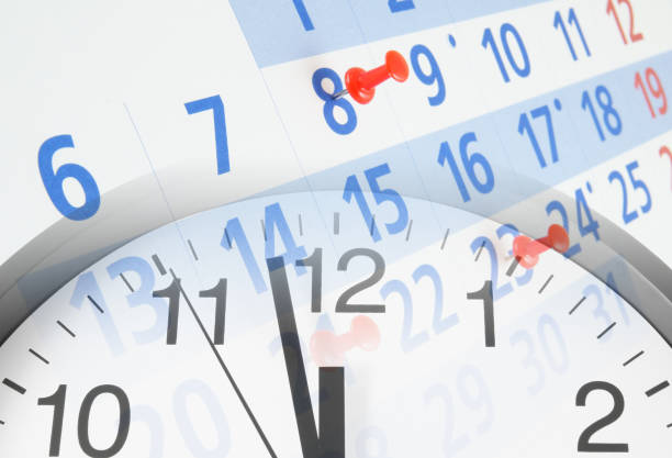 istock Collage with clock and calendar with pins 1254220168