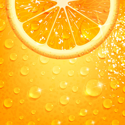 refreshing orange on a background of orange peel with drops of water