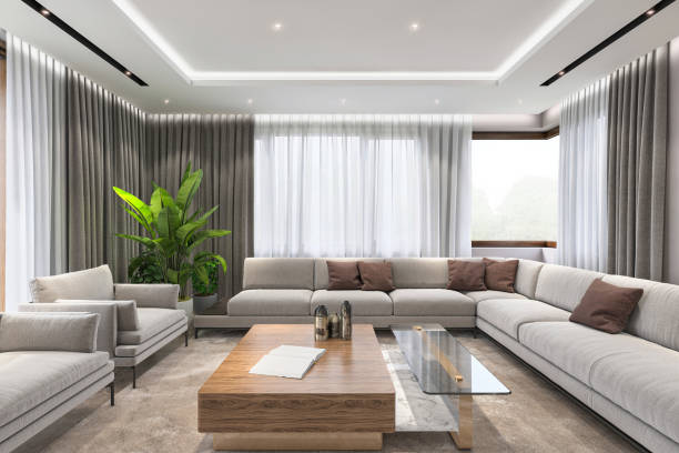 moderne luxus-villa wohnzimmer interieur - vorhang stock-fotos und bilder