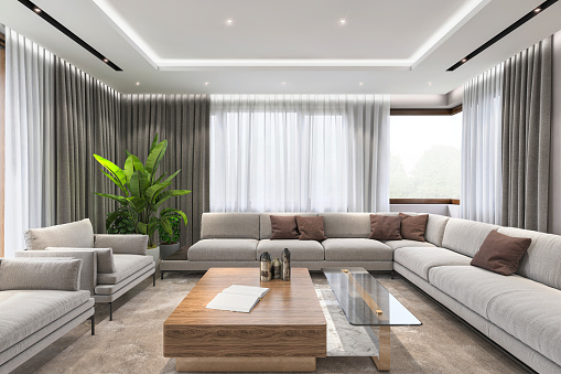 Modern villa interior, large sofa and armchairs, coffee table and lot of sunlingt. render