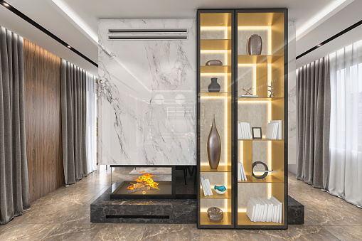 Modern house interior with large modern fireplace. Marble wall above, blank for copy space. Gold colored shelf with led lights. Render