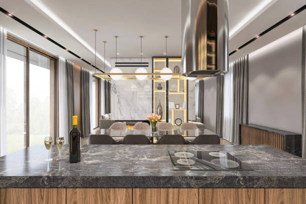 istock Luxury villa kitchen island with dining room in the back 1254224274