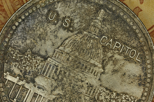 Close-up of Capitol on American silver old coin