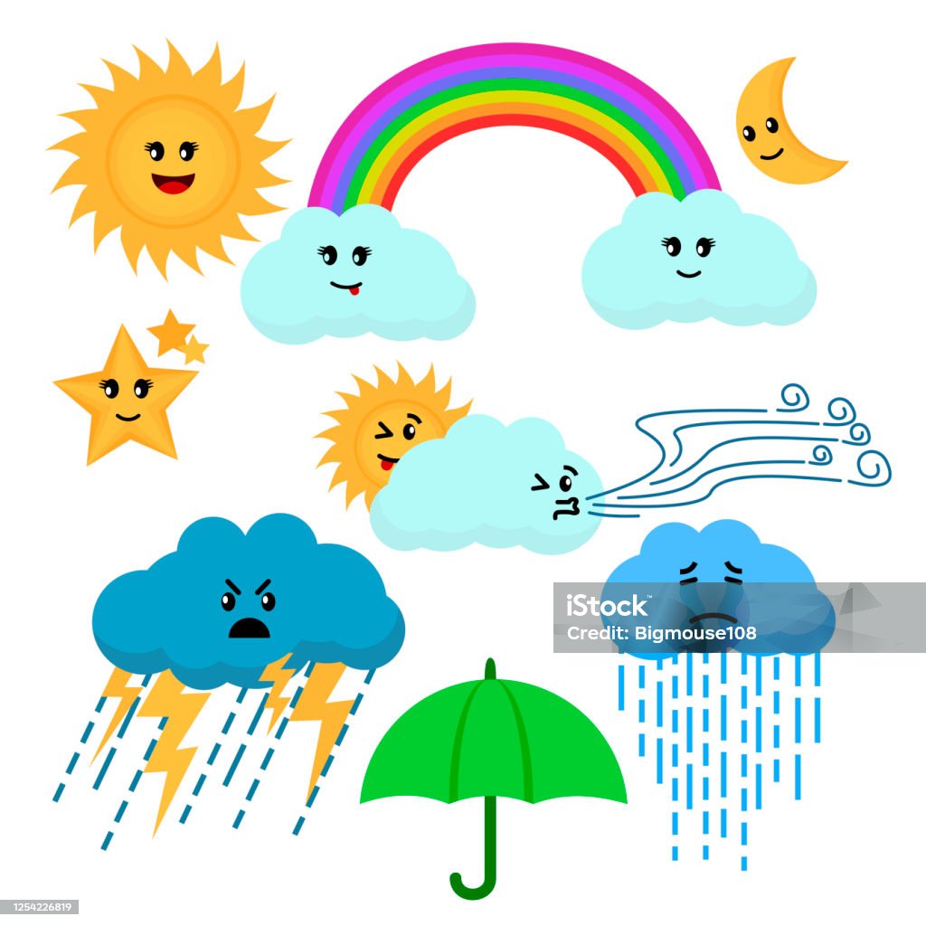 Cartoon Color Cute Weather Sign Icon Set Vector Stock Illustration -  Download Image Now - Variation, Weather, Anthropomorphic Face - iStock