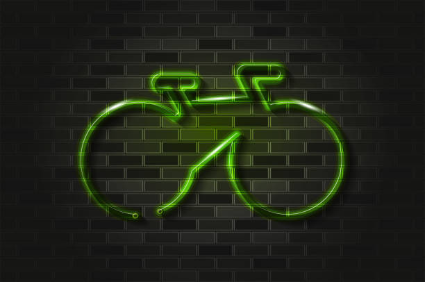 rower prosta sylwetka świecący neon lub szklana rurka na czarnej ceglanej ścianie. realistyczna grafika wektorowa - bicycle wall green single object stock illustrations