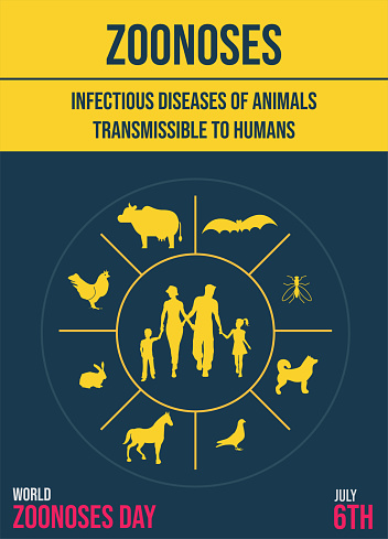 World Zoonoses Day, zoonotic diseases transmissible from animals to humans infographics, poster for projects, illustration vector
