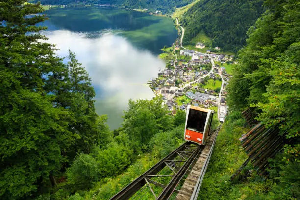 A cable car taking visitors up to Salzwelten, Hallstatt, Austria; one of the oldest salt mines in the world.