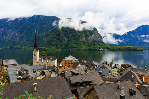 A view of Hallstatt town and the Hallstätter See, Austria