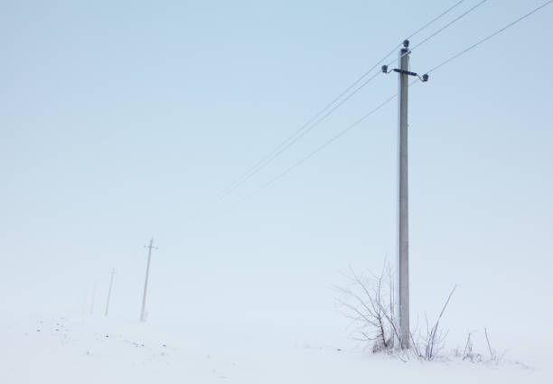 Electric poles in winter . Snowy Landscape with fog in the Morning