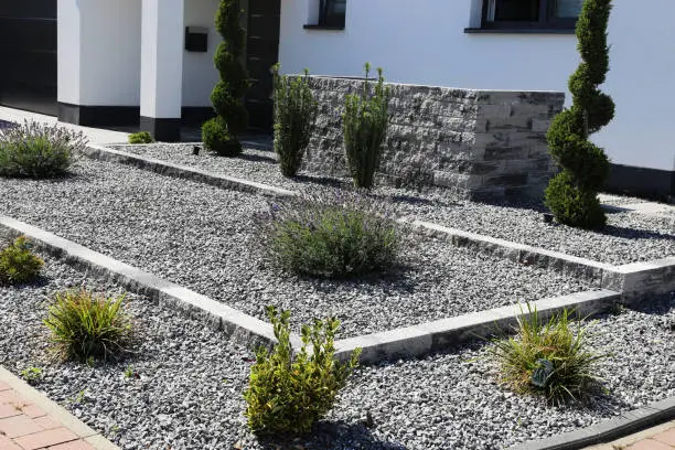 Modern front yard with decorative gravel