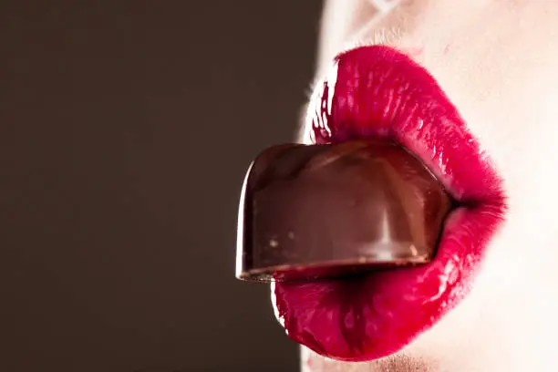 woman red lips eating tasty food with sweets