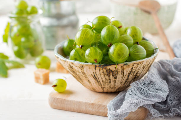 istock Fresh raw gooseberry berries in  white ceramic plate on light wooden background. Selective focus. Rustic style. 1254234315