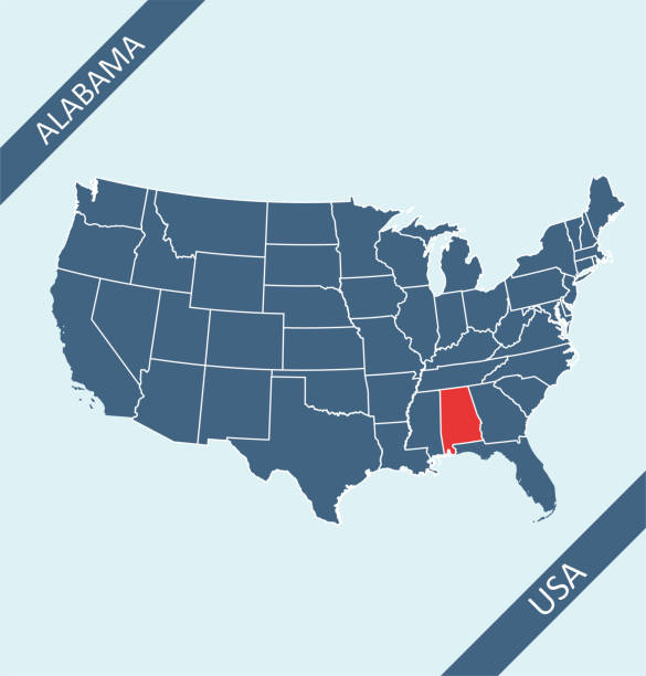 Alabama state on USA map Highly detailed map of United States of America with highlighted state of Alabama for web banner, mobile app, and educational use. The map is accurately prepared by a map expert. alabama us state stock illustrations