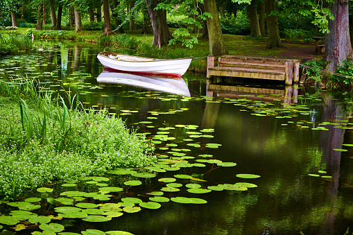 Park with romantic lake and boat tied up to a jetty. Summer time with green trees. Waterlily in the water