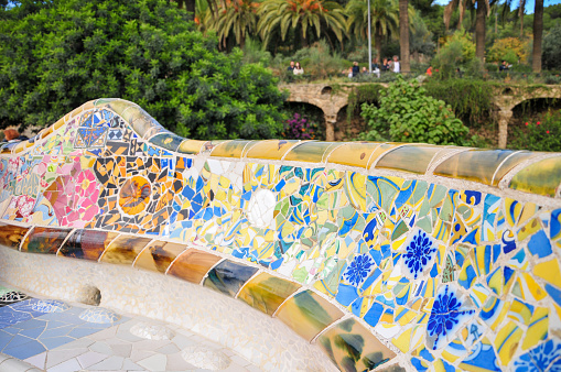Colorful mosaic tiles in Park Guell in Barcelona