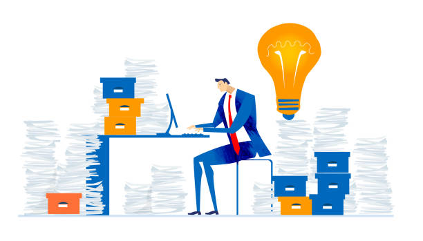 istock Businessman overloaded with paper work, working late hours under the stress. Financial and economical crisis, competition in professional life, dead line concept illustration. 1254240451