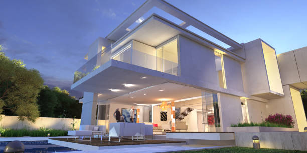 istock Upscale modern villa with pool and garden 1254241871