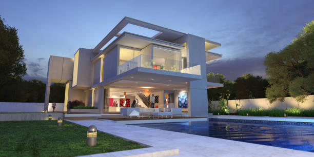 istock Upscale modern villa with pool and garden 1254241884