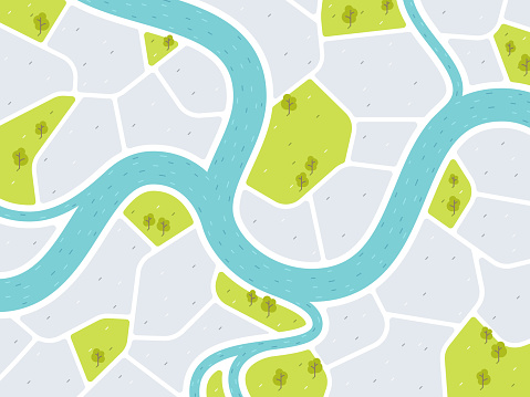 Modern city map with green space, river and trees.