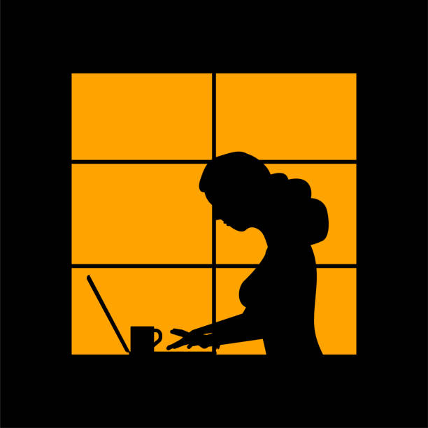 Woman works with laptop late at night Woman works with laptop late at night. Vector concept illustration. working at home study desk silhouette stock illustrations