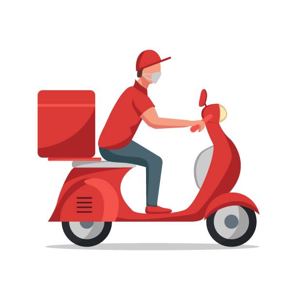 delivery man scooter Food delivery man riding a red scooter, isolated on white.  Flat vector illustration. Online delivery service concept, delivery home and office. Scooter courier, delivery man in respiratory mask. restaurant masks stock illustrations