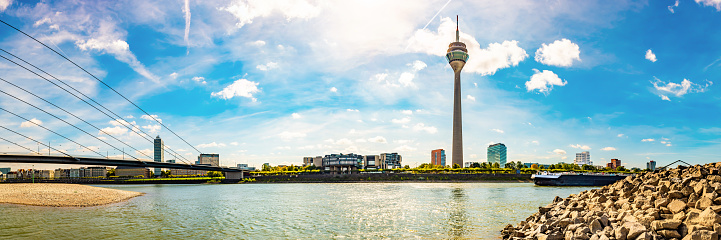 Dusseldorf skyline with the famous television tower and the Rhine on a beautiful summer day