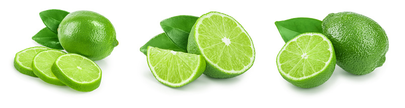 lime with half and leaf isolated on white background. Set or collection.
