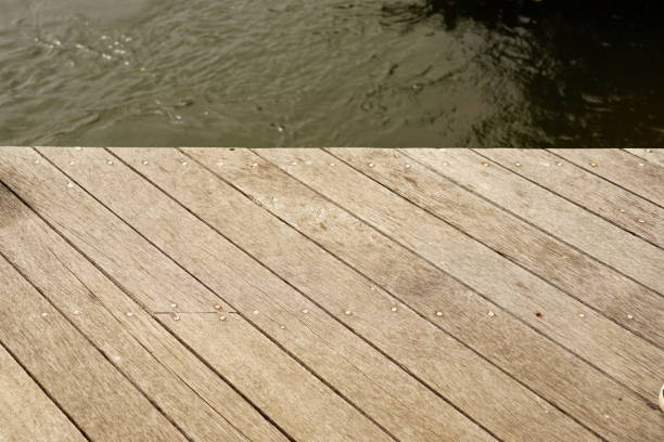 istock Old wooden plank walkway over river 1254252191