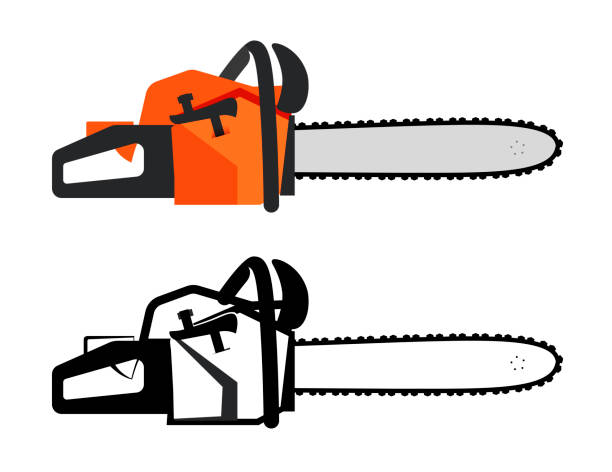 Chainsaw vector icon in color and black style Chainsaw vector icon in orange color and black style. Set of lumber instrument illustrations isolated on white in a horizontal position chainsaw stock illustrations
