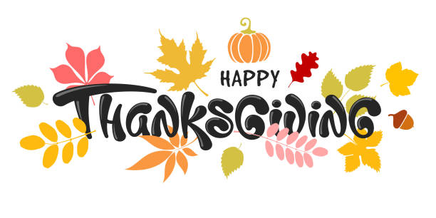 istock Happy Thanksgiving Celebration Typography Lettering With Autumn Leaves, Acorn And Pumpkin 1254253639