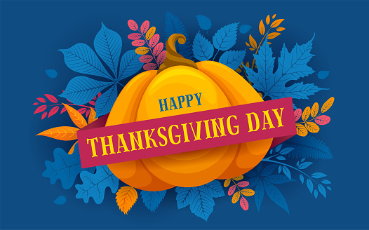 Happy Thanksgiving festive typography template with place for text, autumn leaves and pumpkin on classic blue background. Celebration design for greeting cards, invitation, etc. Vector illustration.
