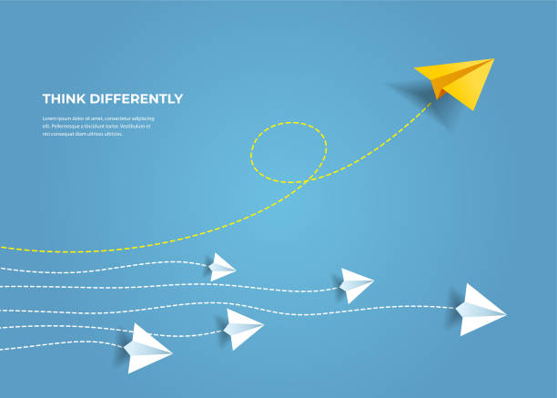 illustrazioni stock, clip art, cartoni animati e icone di tendenza di aerei di carta volanti. pensa in modo diverso, leadership, tendenze, soluzione creativa e concetto di modo unico. differenziarsi. - paper airplane paper airplane vector