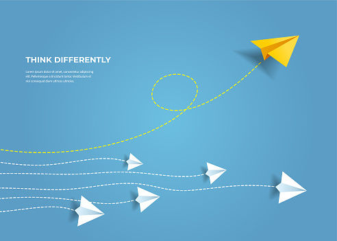 Flying paper airplanes. Think differently, leadership, trends, creative solution and unique way concept. Be different