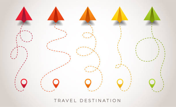 Colorful paper airplanes flying on route Paper airplane is in a dotted line. The waypoint is for a tourist trip. Colorful planes and its track are on a white background. Tourism and travel far dot stock illustrations