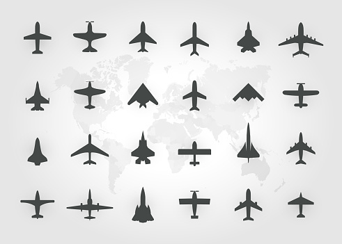 Aircraft top view icon set. Set of black silhouette airplanes, jets, airliners and retro planes icons. Isolated vector logos template on white background