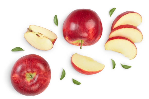 istock Red apple with half isolated on white background with clipping path and full depth of field. Top view. Flat lay. Set or collection 1254260235