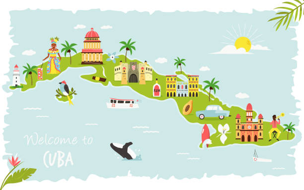 Bright illustrated map of Cuba with symbols, icons, famous destinations, attractions. Bright illustrated map of Cuba with symbols, icons, famous destinations, attractions. For travel guides, banners, posters cuba illustrations stock illustrations