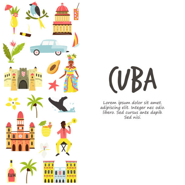 illustrazioni stock, clip art, cartoni animati e icone di tendenza di poster turistico con destinazioni famose e monumenti di cuba. esplora l'immagine concettuale di cuba. - cuban ethnicity illustrations