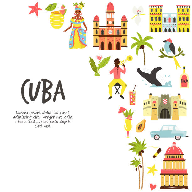 illustrazioni stock, clip art, cartoni animati e icone di tendenza di poster turistico con destinazioni famose e monumenti di cuba. esplora l'immagine concettuale di cuba. - cuban ethnicity illustrations