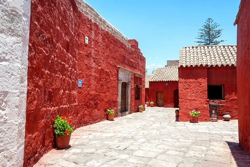 View of one of the alley of Santa Catalina Convent in Arequipa, with copy space