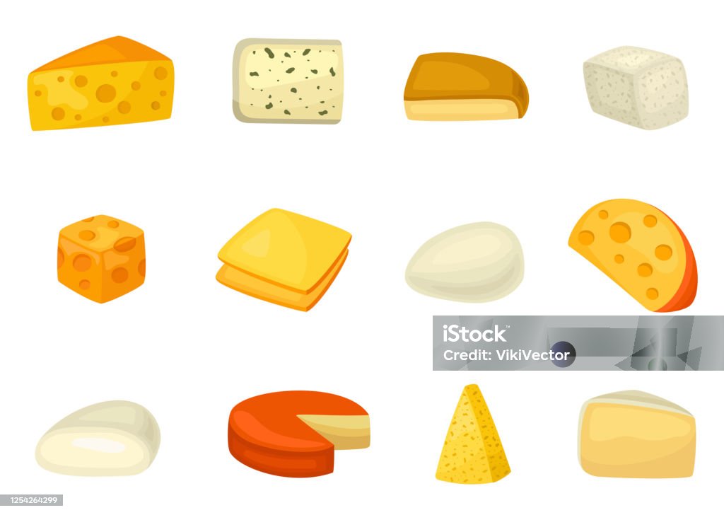 Conjunto de ícones de queijo, variedade deliciosa e saudável - Vetor de Queijo royalty-free