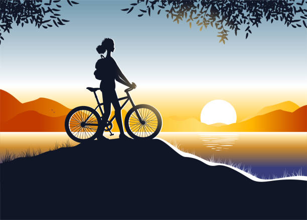 женщина с велосипедом смотреть закат или рассвет - mountain biking silhouette cycling bicycle stock illustrations