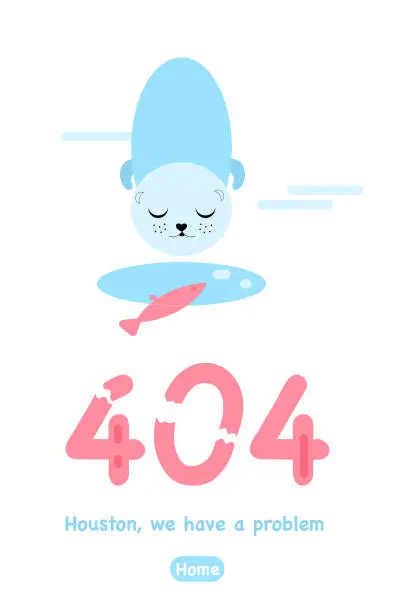 Vector illustration of 404 error page not found. Vertical banner or website with system fatal Error.Support service. Ice hole, cute seal and hooked fish.