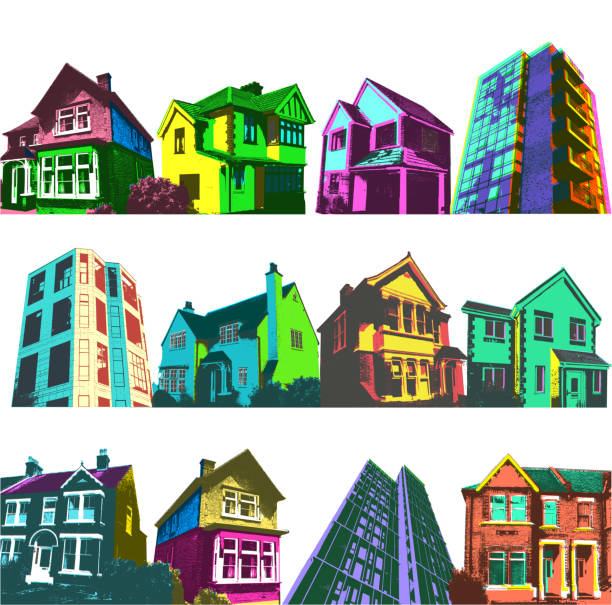 ilustraciones, imágenes clip art, dibujos animados e iconos de stock de conjunto inmobiliario - apartamentos y casas - row house illustrations