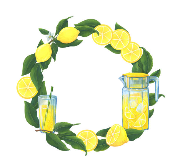 illustrations, cliparts, dessins animés et icônes de une couronne de branches de citron et de limonade. illustration de fruit jaune juteux, feuilles vertes et boisson d’agrumes. cadre rond avec espace pour le texte. image stock sur un fond blanc. - lemon portion citrus fruit juice