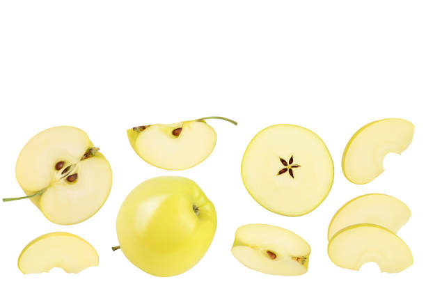 yellow apple with half isolated on white background with full depth of field. Top view. Flat lay with copy space for your text