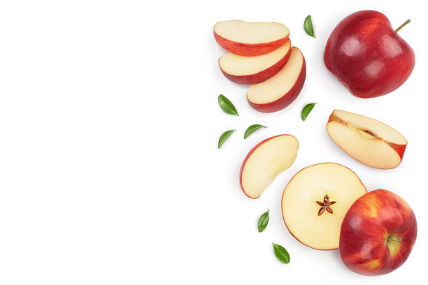 istock Red apple with half isolated on white background with clipping path and full depth of field. Top view. Flat lay with copy space for your text 1254270758